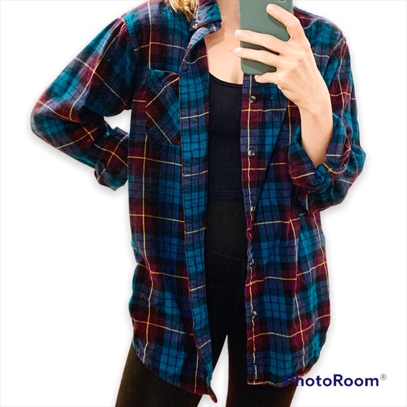 ✨ Teal Burgundy Button Down Plaid Flannel Shirt - Picture 2 of 10